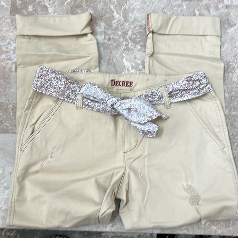 Brand new juniors Decree brand distressed Khaki pants size 11.